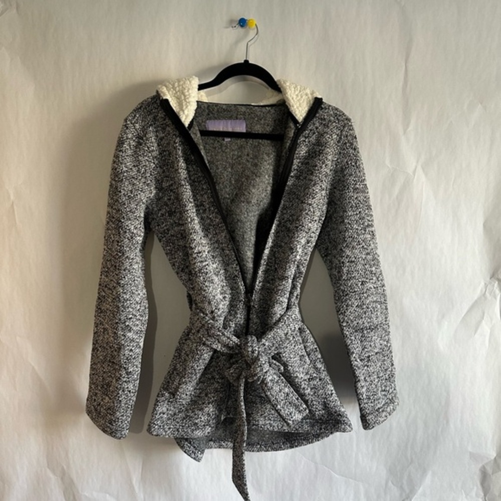 Gray Hooded Belted Cardigan